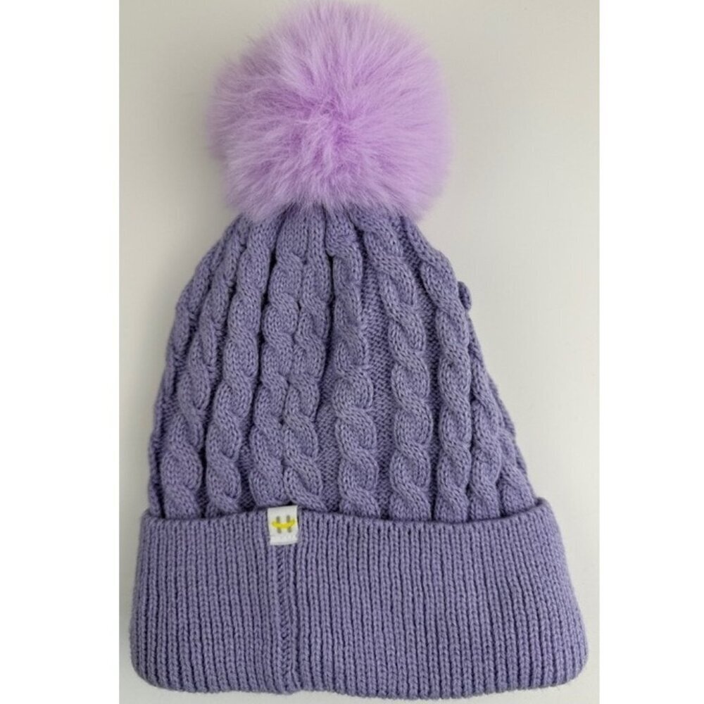 Hot Paws Kids Winter Hat Sz Age 4-6 Purple Cable Knit Pom Pom Fleece Lined NWOT